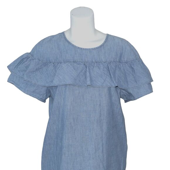 J. Crew Sz 12 Chambray Short Sleeve Dress Shoulder Ruffle Preppy Knee Length EUC - Picture 7 of 13